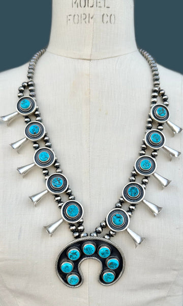 NAVAJO SQUASH BLOSSOM Turquoise & Sterling Silver Necklace
