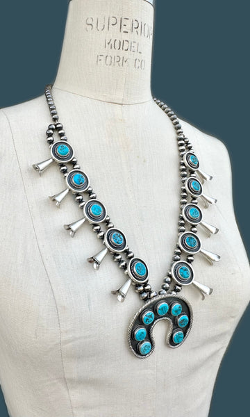 NAVAJO SQUASH BLOSSOM Turquoise & Sterling Silver Necklace
