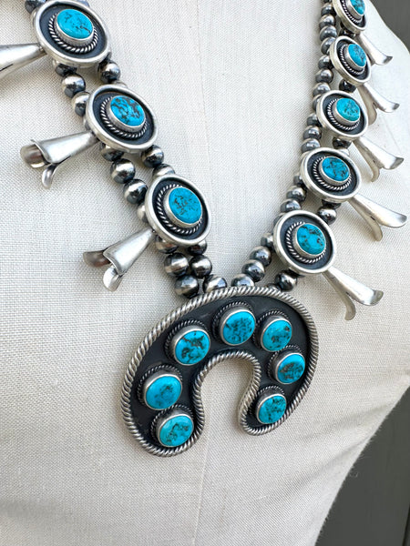 NAVAJO SQUASH BLOSSOM Turquoise & Sterling Silver Necklace