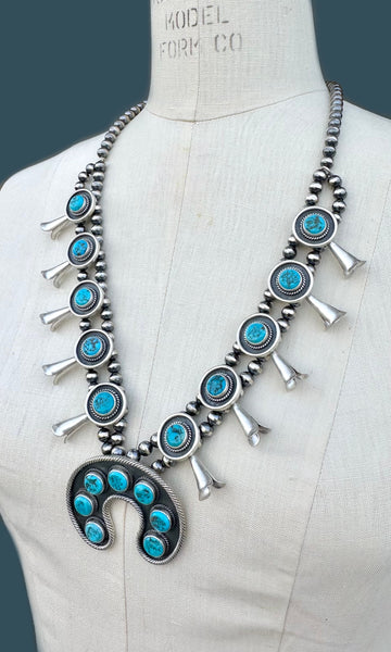 NAVAJO SQUASH BLOSSOM Turquoise & Sterling Silver Necklace