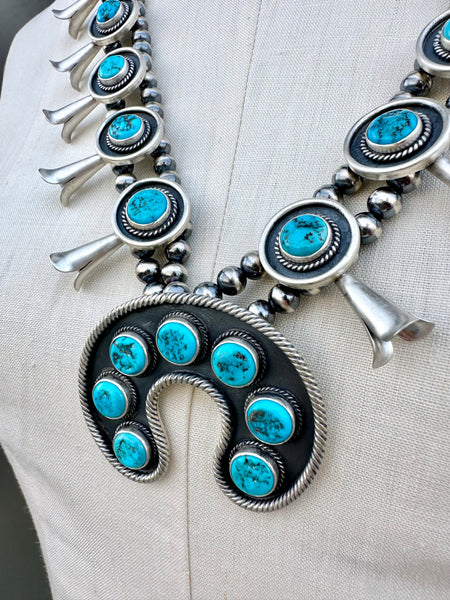 NAVAJO SQUASH BLOSSOM Turquoise & Sterling Silver Necklace
