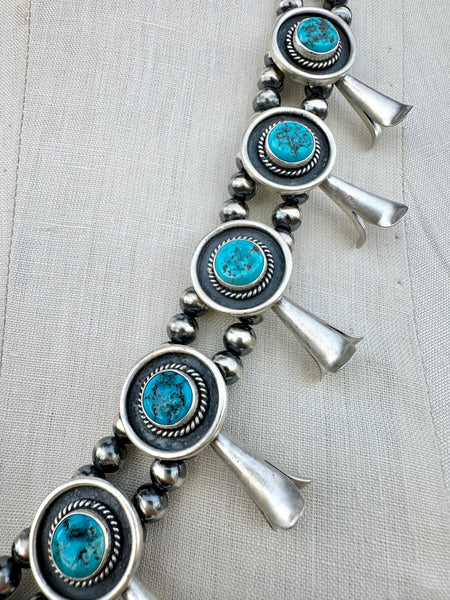 NAVAJO SQUASH BLOSSOM Turquoise & Sterling Silver Necklace