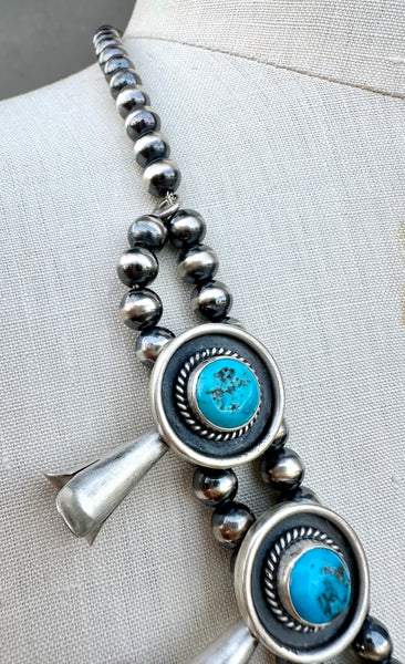 NAVAJO SQUASH BLOSSOM Turquoise & Sterling Silver Necklace