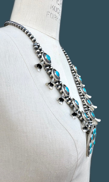NAVAJO SQUASH BLOSSOM Turquoise & Sterling Silver Necklace