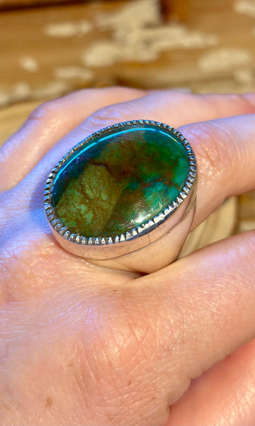 RUSSELL SAM NAVAJO Turquoise & Silver Mens Ring 26R68 • Size 12