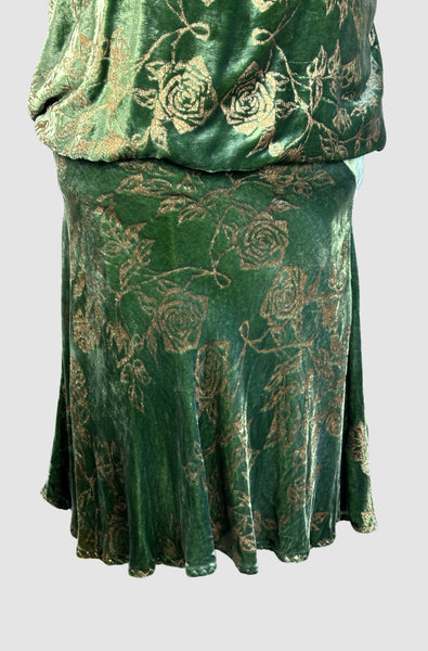 PATRICIA LESTER 80s Green Silk Velvet Bias Cut Dress • Medium