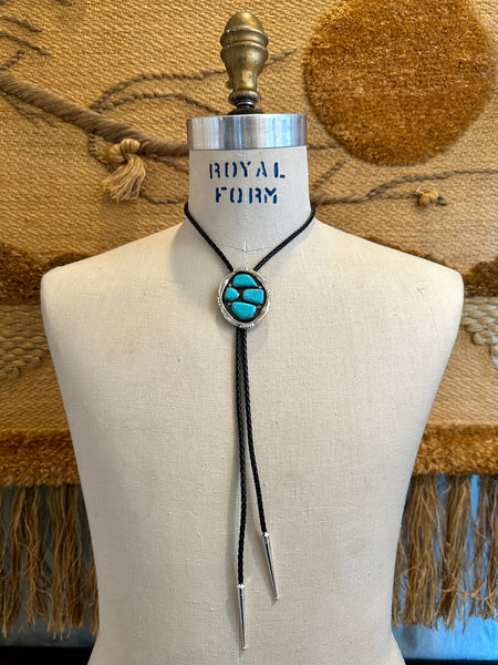 WILBUR IULE Zuni Turquoise & Sterling Silver Bolo Tie w/ Leather Cord