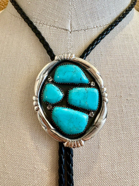 WILBUR IULE Zuni Turquoise & Sterling Silver Bolo Tie w/ Leather Cord