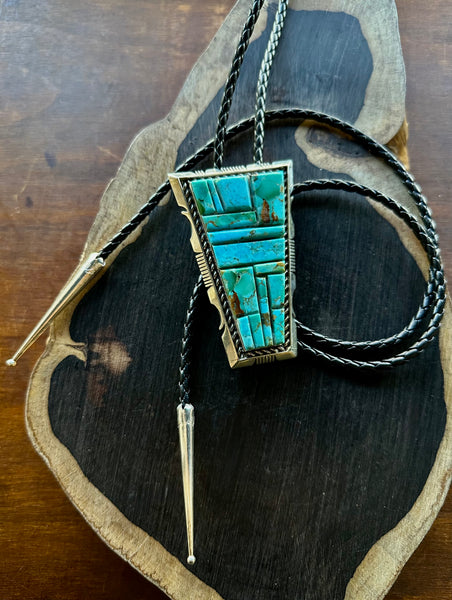 STEVE FRANCISCO Navajo Sterling Silver & Turquoise Mosaic Bolo Tie w/ Leather Cord