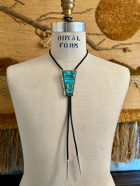 STEVE FRANCISCO Navajo Sterling Silver & Turquoise Mosaic Bolo Tie w/ Leather Cord