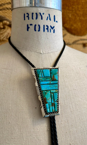 STEVE FRANCISCO Navajo Sterling Silver & Turquoise Mosaic Bolo Tie w/ Leather Cord