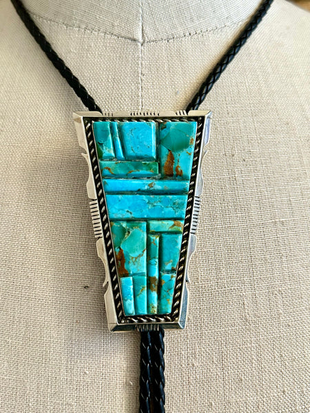 STEVE FRANCISCO Navajo Sterling Silver & Turquoise Mosaic Bolo Tie w/ Leather Cord