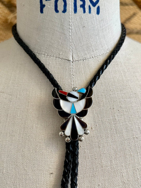 ZUNI PEYOTE BIRD Multi-Stone Inlay Sterling Silver Bolo Tie w/ Leather Cord