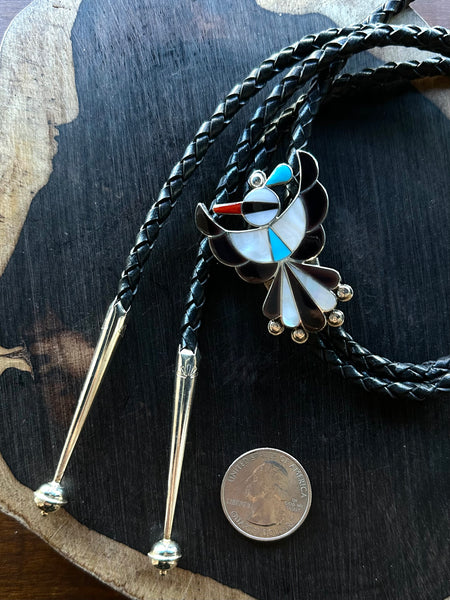 ZUNI PEYOTE BIRD Multi-Stone Inlay Sterling Silver Bolo Tie w/ Leather Cord