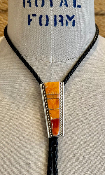 STEVE FRANCISCO Navajo Spiny Oyster Inlay Bolo Tie w/ Leather Cord