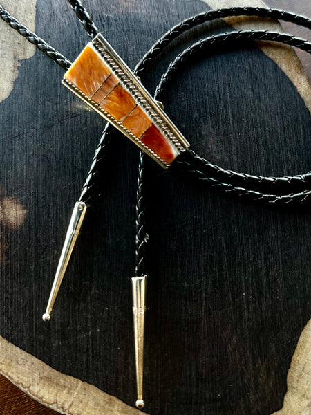 STEVE FRANCISCO Navajo Spiny Oyster Inlay Bolo Tie w/ Leather Cord