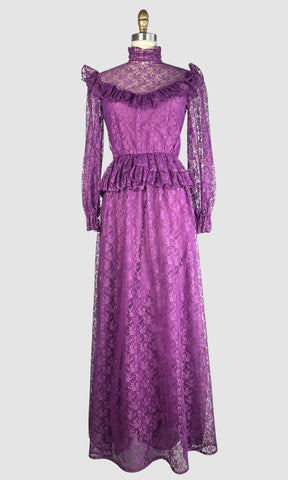 PRAIRIE TALE 70s Purple Chantilly Lace Granny  Dress • Small