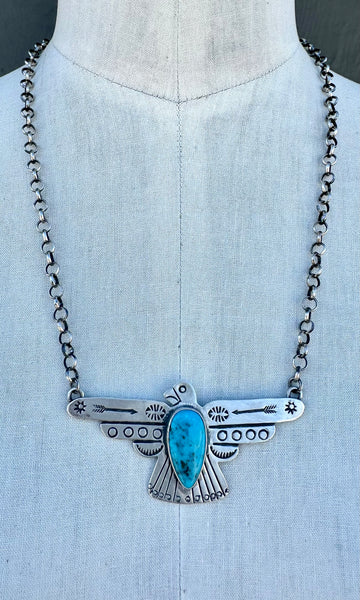 RUSSELL SAM THUNDERBIRD Navajo Silver & Turquoise Adjustable Necklace