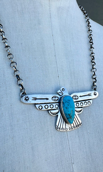 RUSSELL SAM THUNDERBIRD Navajo Silver & Turquoise Adjustable Necklace