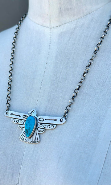 RUSSELL SAM THUNDERBIRD Navajo Silver & Turquoise Adjustable Necklace
