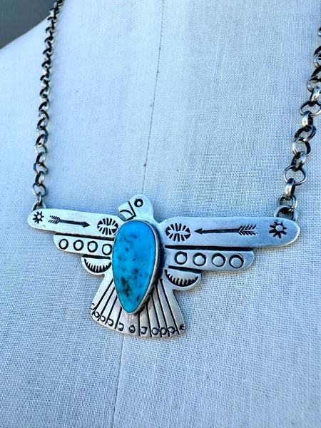 RUSSELL SAM THUNDERBIRD Navajo Silver & Turquoise Adjustable Necklace