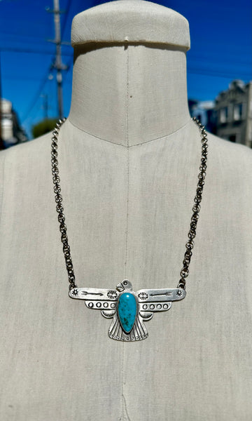 RUSSELL SAM THUNDERBIRD Navajo Silver & Turquoise Adjustable Necklace