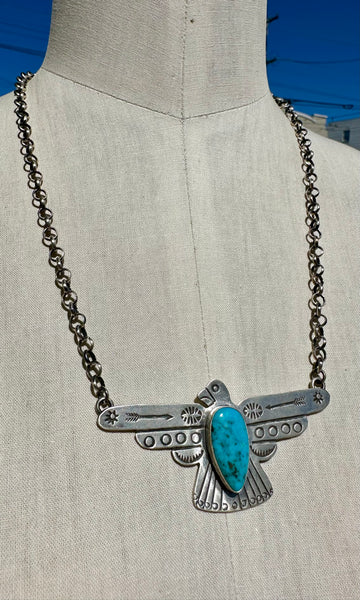 RUSSELL SAM THUNDERBIRD Navajo Silver & Turquoise Adjustable Necklace