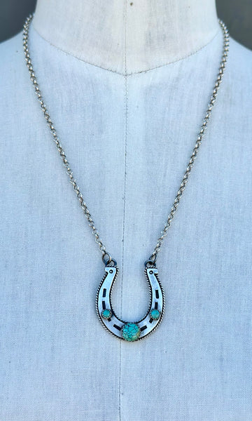 NAVAJO Silver & Triple Turquoise Horseshoe Necklace