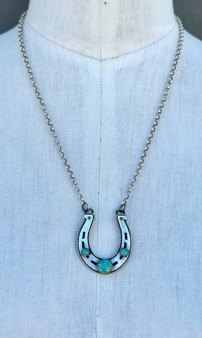 NAVAJO Silver & Triple Turquoise Horseshoe Necklace
