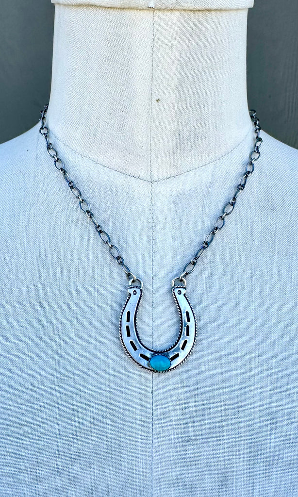 HAROLD TAHE NAVAJO Silver & Turquoise Horseshoe Necklace 26N05