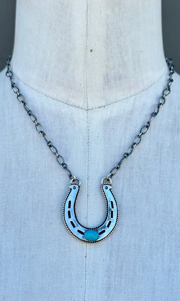 HAROLD TAHE NAVAJO Silver & Turquoise Horseshoe Necklace 26N05