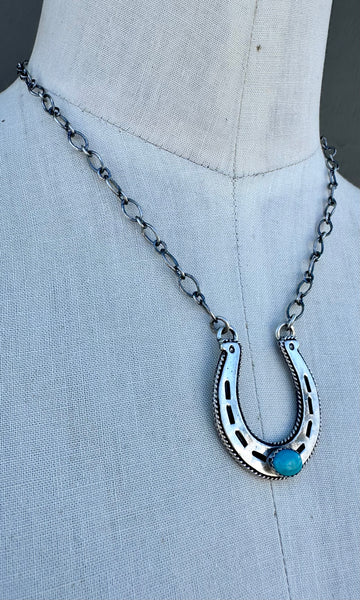 HAROLD TAHE NAVAJO Silver & Turquoise Horseshoe Necklace 26N05