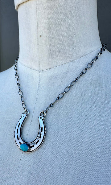HAROLD TAHE NAVAJO Silver & Turquoise Horseshoe Necklace 26N05