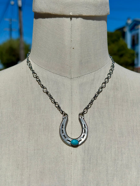 HAROLD TAHE NAVAJO Silver & Turquoise Horseshoe Necklace 26N05