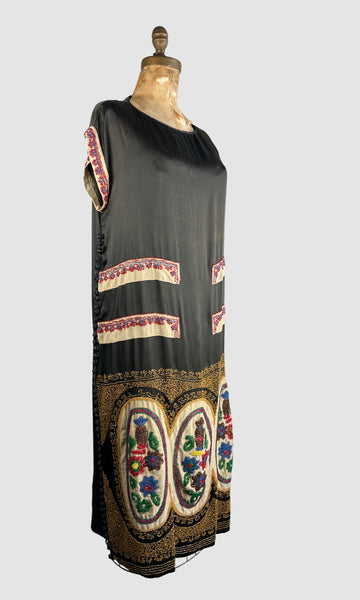 THE BEAD GENERATION  20s Beaded Silk Dress with Jewel Tone Beads • Medium
