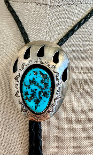 BLUE BEAR CLAW Vintage 70s Silver & Turquoise Bolo Tie 26B09