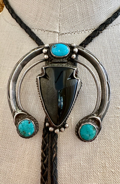 ART LEWIS NAJA Vintage 1950s Silver and Turquoise Onyx Bolo Tie 26B06
