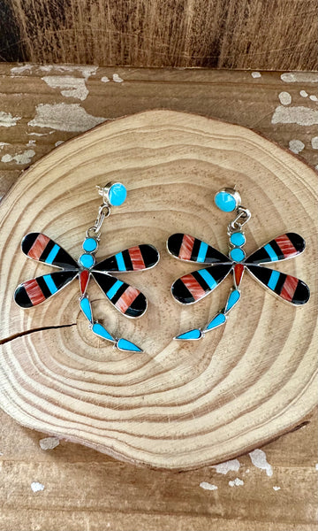 ZUNI DRAGONFLY Turquoise, Jet & Coral Inlay Silver Earrings