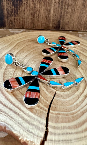 ZUNI DRAGONFLY Turquoise, Jet & Coral Inlay Silver Earrings