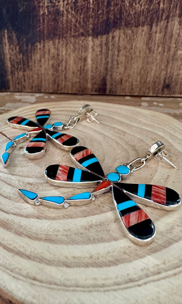 ZUNI DRAGONFLY Turquoise, Jet & Coral Inlay Silver Earrings