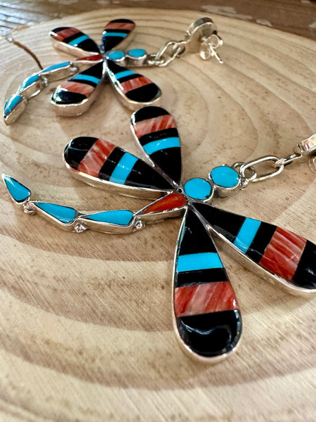 ZUNI DRAGONFLY Turquoise, Jet & Coral Inlay Silver Earrings