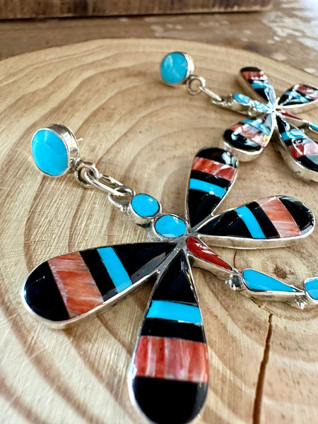 ZUNI DRAGONFLY Turquoise, Jet & Coral Inlay Silver Earrings