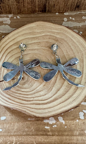 ZUNI DRAGONFLY Turquoise, Jet & Coral Inlay Silver Earrings