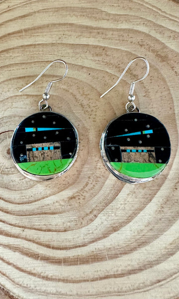 GILBERT SMITH PUEBLO Night Sky Zuni Inlay Silver Earrings