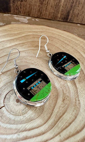 GILBERT SMITH PUEBLO Night Sky Zuni Inlay Silver Earrings