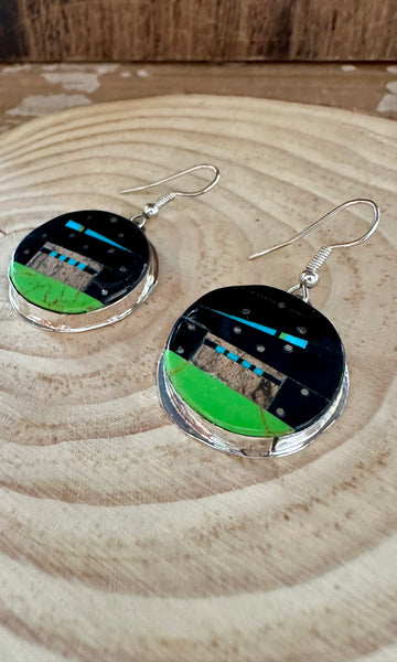 GILBERT SMITH PUEBLO Night Sky Zuni Inlay Silver Earrings