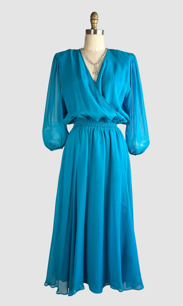 diane freis vintage dresses DIANE FREIS 80s Turquoise Silk Chiffon Dress • Small Medium – Love Street Vintage