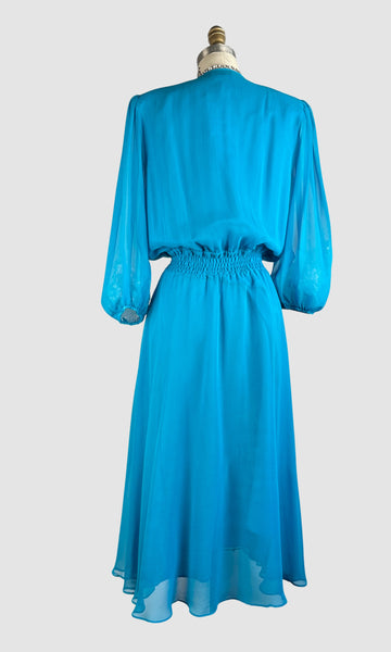 DIANE FREIS 80s Turquoise Silk Chiffon Dress • Small Medium