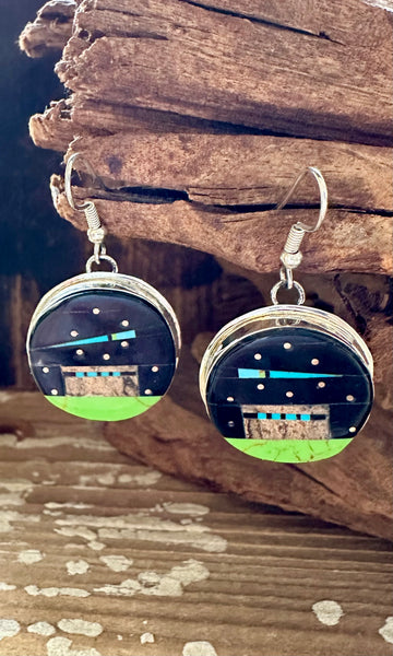 GILBERT SMITH PUEBLO Night Sky Zuni Inlay Silver Earrings