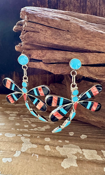 ZUNI DRAGONFLY Turquoise, Jet & Coral Inlay Silver Earrings